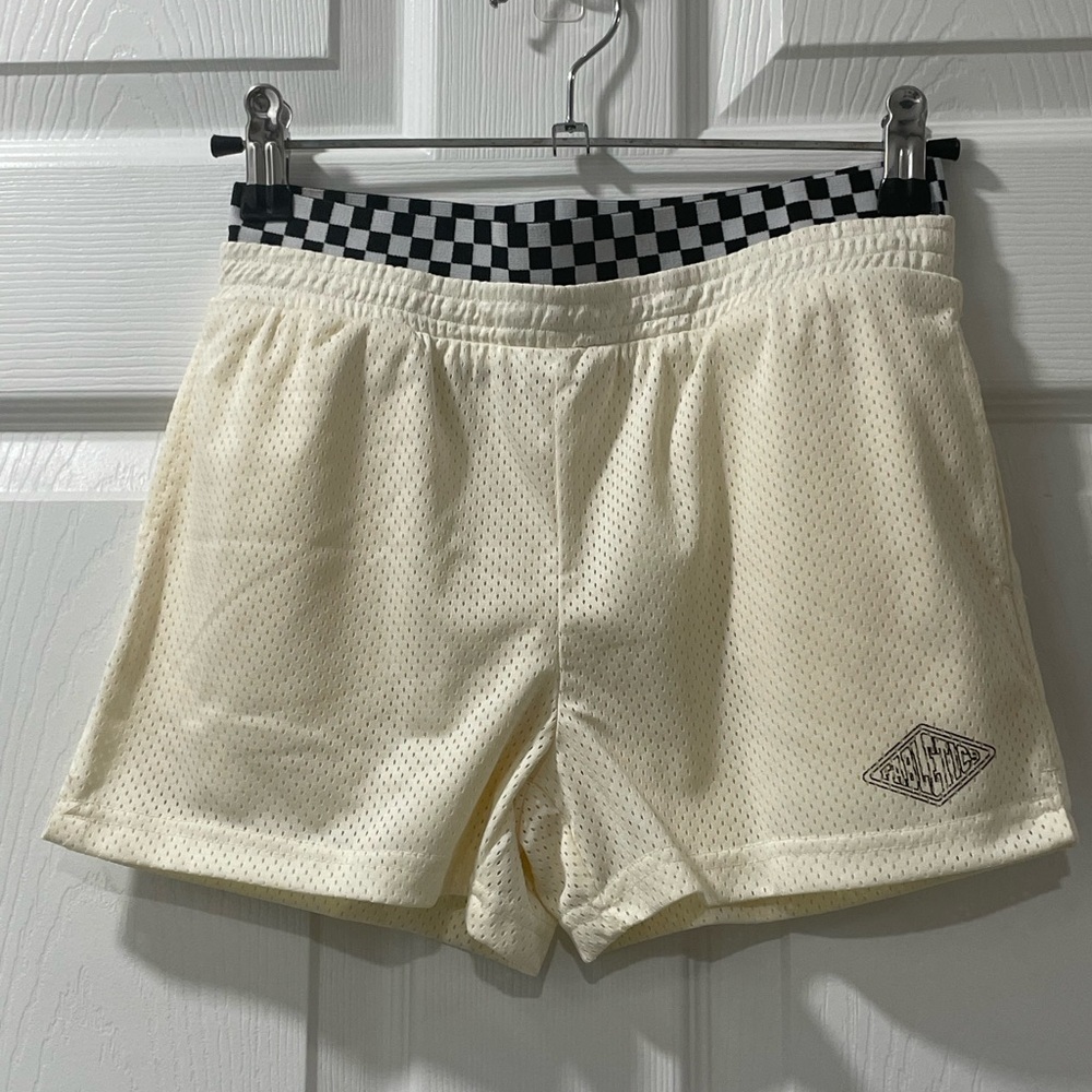 Fabletics Cream Mesh Shorts with Checkered Waistband size M